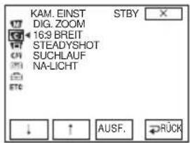 KAM. EINST DIG. ZOOM 169 BREIT STEADYSHOT SUCHLAUF NA-LICHT STBY ↓ AUSF. RÜCK