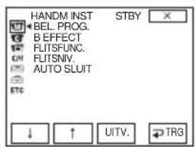 HANDM INST BEL. PROG. B EFFECT FLITSFUNC. FLITSINV. AUTO SLUIT ETC ↓ ↑ UITV. STBY TRG