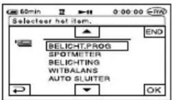 Selecteer hot item. BELICHT,PROG SPOTMETER BELICHTING WITBALANS AUTO SLUITER END OK