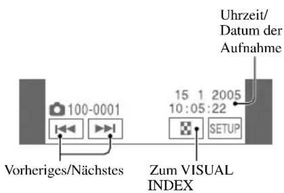 Uhrzeit/ Datum der Aufnahme 100-0001 Vorheriges/Nächstes 15 1 2005 10:05:22 Zum VISUAL INDEX SETUP