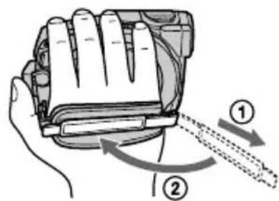 SONY DCR-DVD635E - Wenn der Camcorder gut in der Hand liegt, ziehen Sie den Riemen an. - 1