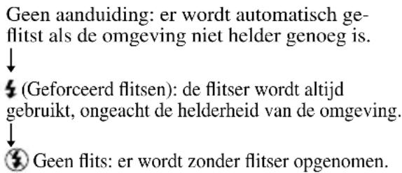 Geen aanduiding: er wordt automatisch ge- flitst als de omgeving niet helder genoeg is. ↓ ₄ (Geforceerd flitsen): de flitser wordt altijd gebruikt, ongeacht de helderheid van de omgeving. ↓ ⑤ Geen flits: er wordt zonder flitser opgenomen.
