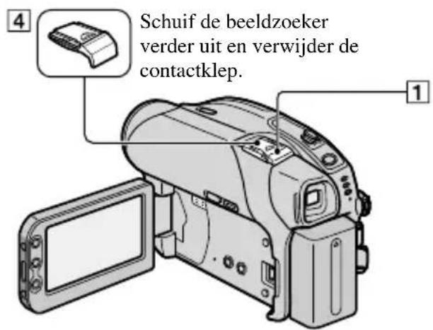 4 Schuif de beeldzoeker verder uit en verwijder de contactklep. 1