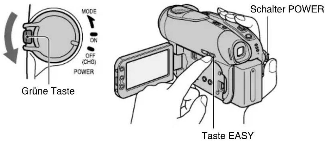 SONY DCR-DVD7032E - Zum Einschalten des Camcorders drücken Sie die grüne Taste in der Mitte des Schalters POWER und drehen den Schalter in Pfeilrichtung. - 1