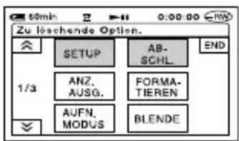 60min 0:00:00 Zu lõschende Option. SETUP AB- SCHL. END 1/3 ANZ. AUSG. FORMA- TIEREN AUFN. MODUS BLENDE