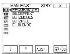 MAN. EINST STBY PROGRAM AE BILDEFFERT BLITZMODUS BLITZHELL EL. BLENDE ETC ↓ ↑ AUSF. RÜCK