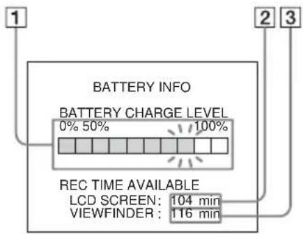 1 BATTERY INFO BATTERY CHARGE LEVEL 0% 50% 100% REC TIME AVAILABLE LCD SCREEN: 104 min VIEWFINDER: 116 min