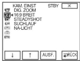 KAM. EINST DIG. ZOOM 16:9 BREIT STEADYSHOT SUCHLAUF NA-LICHT ETC ↓ ↑ AUSF. STBY RÜCK