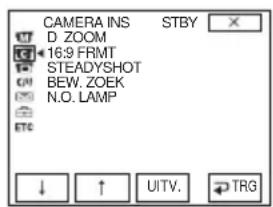 CAMERA INS STBY D ZOOM 16:9 FRMT STEADYSHOT BEW. ZOEK N.O. LAMP ETC ↓ ↑ UITV. → TRG