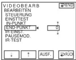 VIDEOBEARB BEARBEITEN STEUERUNG EINSTTEST IN-PUNKT END-PUNKT IR INST. PAUSEMOD. IR-TEST AUSF. RÜCK