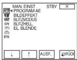MAN. EINST PROGRAM AE BILDEFFEKT BLITZMODUS BLITZHELL EL BLENDE STBY ↓ AUSF. RÜCK