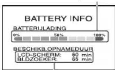BATTERY INFO BATTERIJLADING 9% 50% 100% BESCHIKB.OPNAMEDUUR LCD-SCHERM: 60 min BLDZOEKER: 65 min
