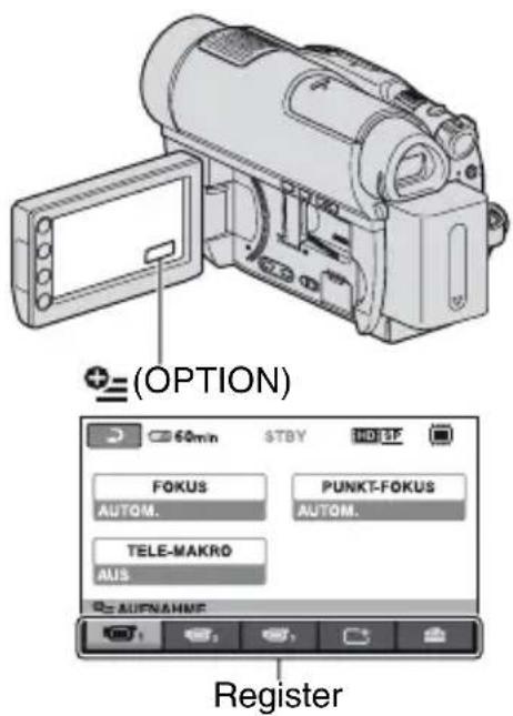 (OPTION) 60min STBY HDBF FOKUS PUNKT-FOKUS AUTOM. AUTOM. TELE-MAKRO AUS AUTO/ANHCF Register