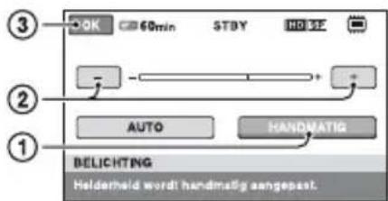 ③ OK 60min STDY ISO MF ② AUTO HANDMATIG ① BELICHTING Helderheld wordt handmatig aangepast.