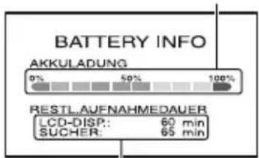 BATTERY INFO AKKULADUNG 9% 50% 100% RESTL.AUFNAHMEDAUER LCD-DISP: 60 min SUCHER: 65 min