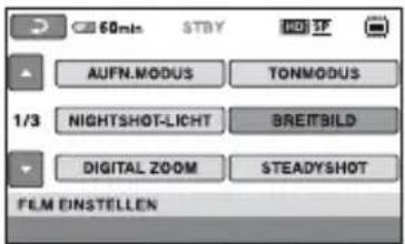 60min STBY 123 IP AUFN.MODUS TONMODUS 1/3 NIGHTSHOT-LICHT BREITBILD DIGITAL ZOOM STEADYSHOT FEM EINSTELLEN