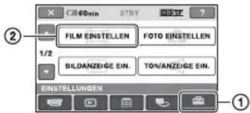 FILM EINSTELLEN FOTO EINSTELLEN 1/2 BILDANZEIGE EIN. TON/ANZEIGE EIN. EINSTELLUNGEN