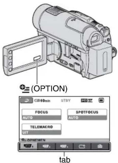 (OPTION) 60min STBY FOCUS SPOTFOCUS AUTO AUTO TELEMACRO UIT O P N F E M N tab