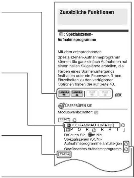 Zusätzliche Funktionen : Spezialszenen- Aufnahmeprogramme Mit dem entsprechenden Spezialszenen-Aufnahmeprogramm können Sie ganz einfach Aufnahmen auf elnem hellen Skigelände erstellen, die Farben eines Sonnenuntergangs festhalten oder ein Feuerwerk filmen. Einzelheiten zu den verfügbaren Optionen finden Sie auf Seite 40, CANDRA CANDRA (21) ÜBERPRÜFEN SIE Moduswahlschalter: FUNC [PROGRAMMAUTOMATIK] [PO R T R A T] Drücken Sie film die Spezialszenen (SCN)- Aufnahmeprogramme anzuzelgen Gewünschtes Aufnahmeprogramm FUNC