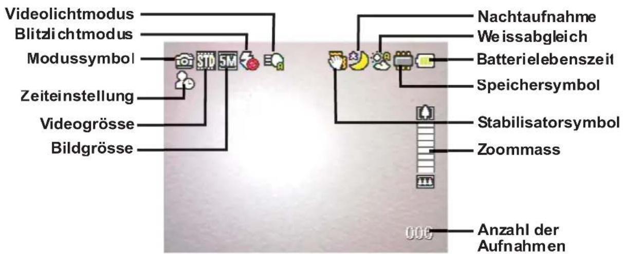 Videolichtmodus Blitzlichtmodus Modussymbol Zeiteinstellung Videogrösse Bildgrösse Nachtaufnahme Weissabgleich Batterielebenszeit Speichersymbol Stabilisatorsymbol Zoommass Anzahl der Aufnahmen