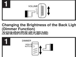 1 VOLUME Changing the Brightness of the Back Light (Dimmer Function) 改變後燈的亮度(遮光器功能) 1 DIMMER HIGH OF AUTO D 1