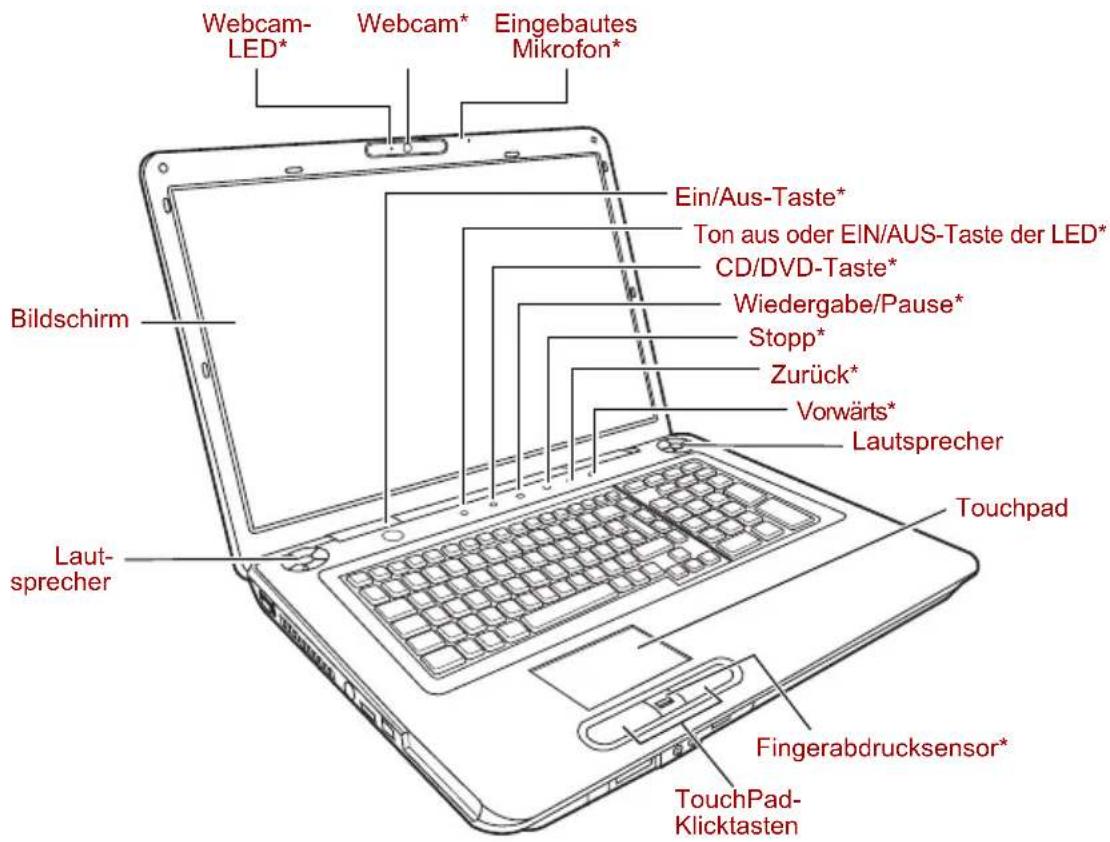 Webcam- LED* Webcam* Eingebautes Mikrofon* Bildschirm Ein/Aus-Taste* Ton aus oder EIN/AUS-Taste der LED* CD/DVD-Taste* Wiedergabe/Pause* Stopp* Zurück* Vorwärts* Lautsprecher Laut- sprecher Touchpad Fingerabdrucksensor* TouchPad- Klicktasten