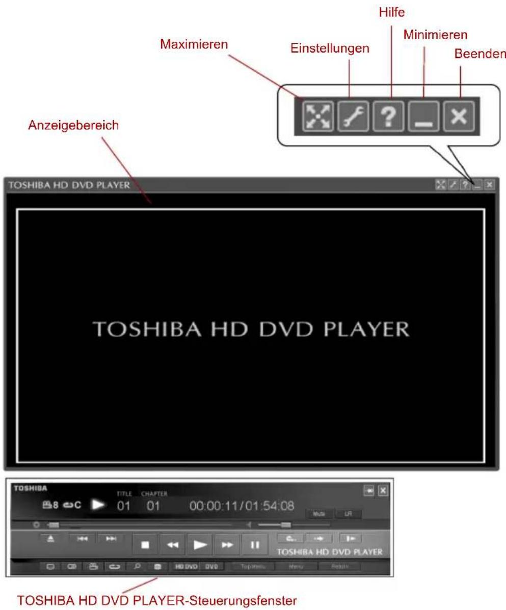 Anzeigebereich Maximieren Einstellungen Hilfe Minimieren Beenden TOSHIBA HD DVD PLAYER TOSHIBA HD DVD PLAYER TOSHIBA HD DVD PLAYER-Steuerungsfenster