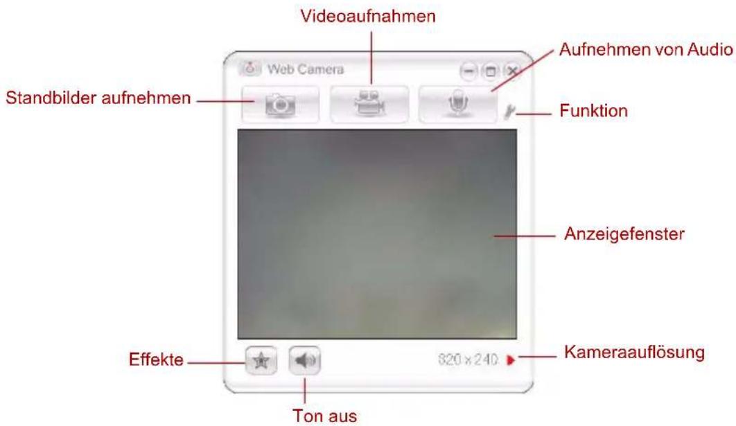 Videoaufnahmen Aufnehmen von Audio Web Camera Funktion Standbilder aufnehmen Anzeigefenster Effekte Kameraauflösung Ton aus