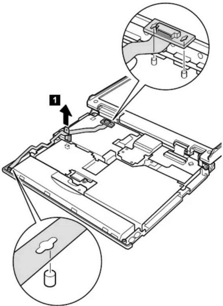 Technical diagram of a laptop chassis with labeled components and assembly steps, including zoomed-in views and component insertion.