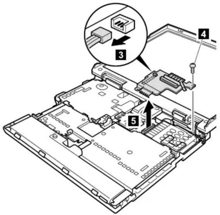 Technical diagram of an electronic device with labeled components including ports, connectors, and a zoomed-in inset showing internal wiring.