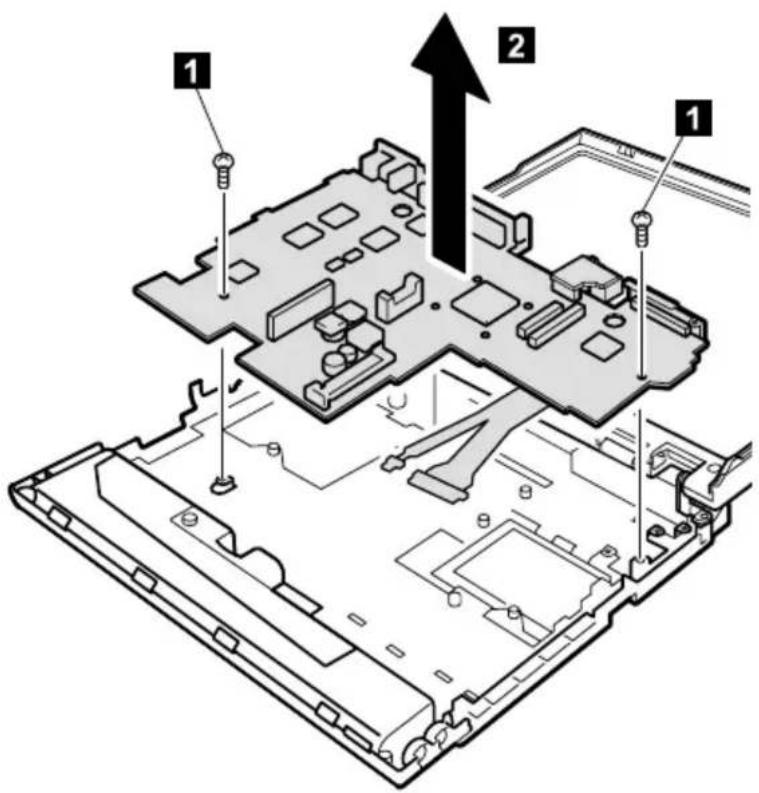 Technical diagram of a computer motherboard with labeled components and an upward arrow indicating motion or assembly.