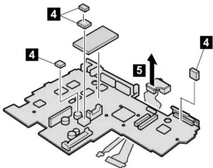 Exploded view diagram of a computer motherboard with numbered components and directional arrows indicating assembly or movement.