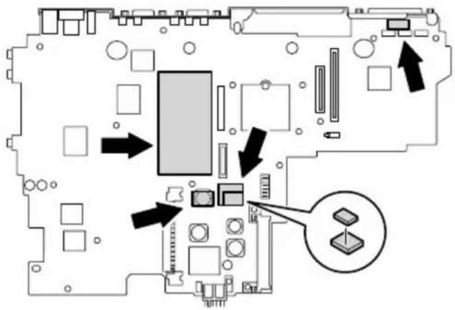 Diagram of a computer motherboard with labeled components and directional arrows indicating movement or assembly.