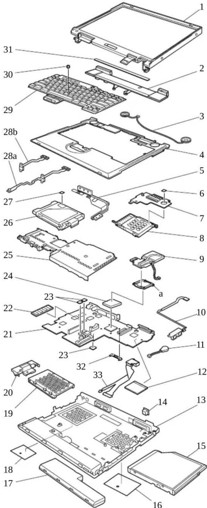 Exploded view diagram of a computer system with numbered components for identification