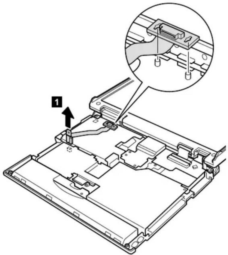 Technical diagram of a laptop chassis with labeled component '1' and an inset showing internal components.
