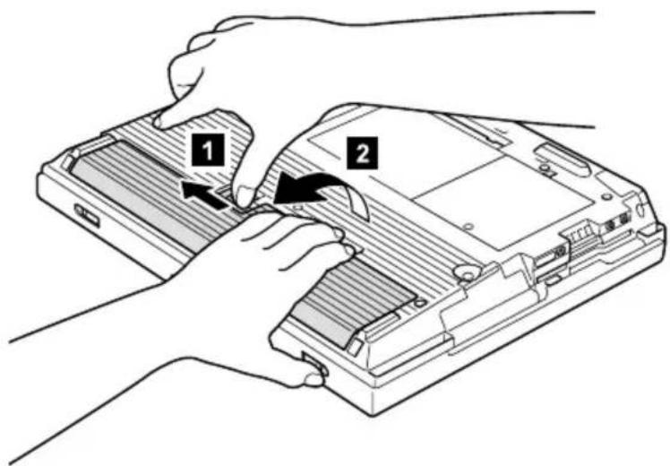 Diagram showing two hands installing or adjusting a device into a rack, labeled with arrows and numbered parts.