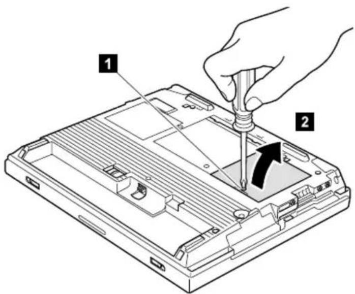 Diagram showing a hand using a screwdriver to adjust or install an electronic device into a chassis, labeled with parts 1 and 2.