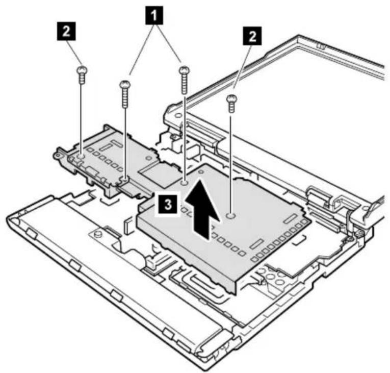 Technical diagram of a computer motherboard with numbered components and an arrow indicating assembly or insertion.