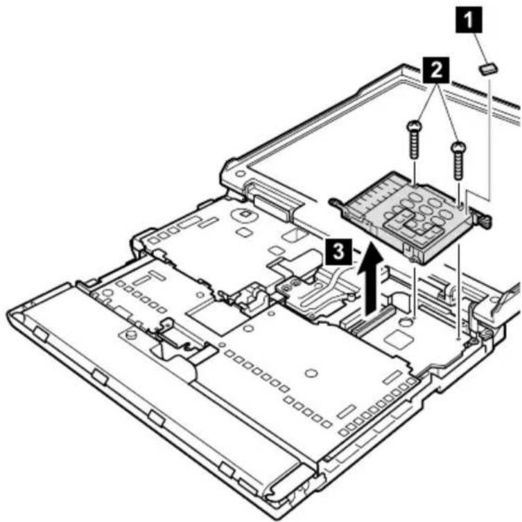 Labeled diagram of a laptop chassis showing internal components and parts with numbered annotations