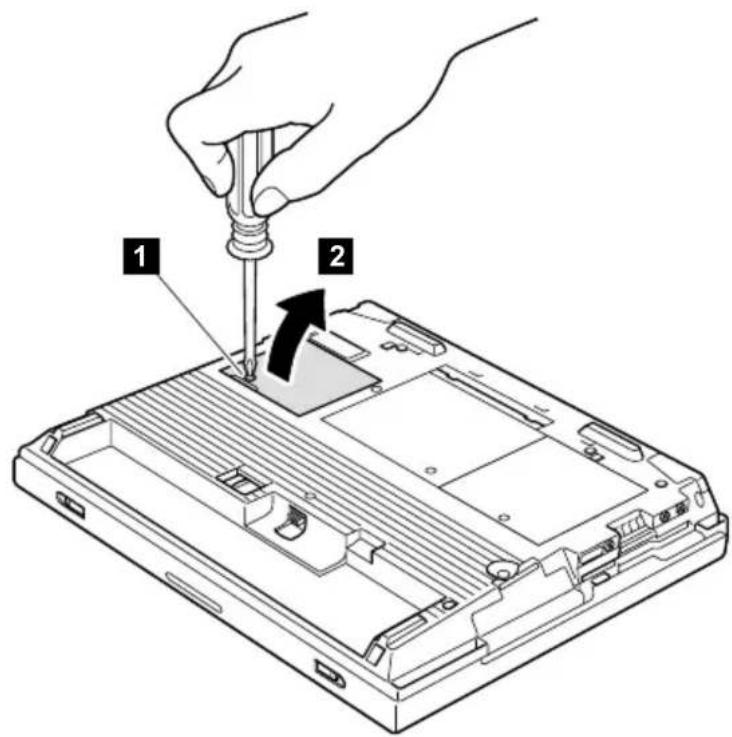Diagram showing a hand using a screwdriver to insert a component, labeled with parts 1 and 2.