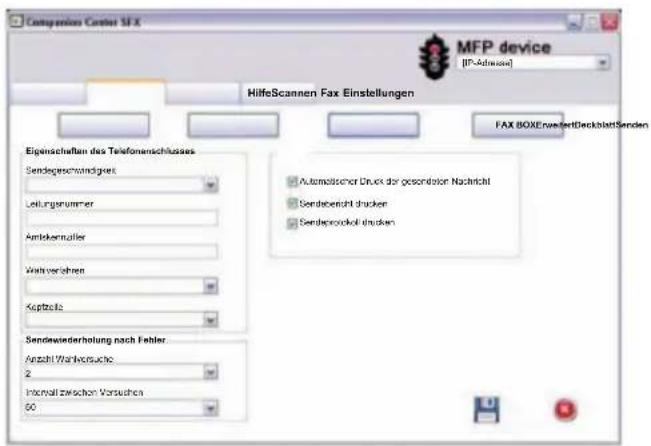 MFP device [IP-Advisor] HilfeScannen Fax Einstellungen FAX BOXEswertDeckblattSenden Eigenschaften das Telefonenschlusses Sendegeschmandrtes Leitungennummer Antiekenruiter Waltverfahren Kapitalo Sendewinderholung nach Fehler Anzahl Wahrleuchtete. 2 Inkomalt zwischen Versuchten 60 Automatischer Druck der gesondition Nachricht Sendeberecht machen Sendeproduktail machen