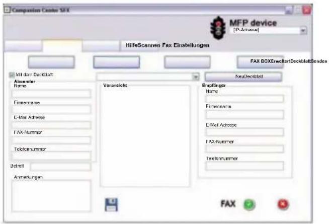 Compassion Center SFX MFP device [T-Aktres] HilfeScannen Fax Einstellungen FAX BOXEwelteriDockblattSenden MI den Dockblatt Abzender Name Financgrame L-Mel Adresse TAX-Nummer Telefonnummer Betrieß Annekungen Voransicht NewDeckblatt Empfänger Name Financgrame L-Mel Adresse TAX-Nummer Telefonnummer FAX