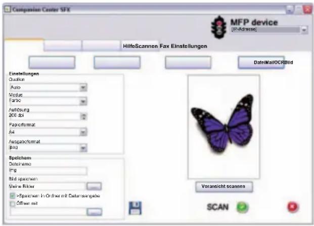 Compassion Center SFX MFP device (His-Adverse) HilfeScannen Fax Einstellungen Einstellungen Quaktor Auto Vidus Faroe Aufsatzung 200 dpi Fapacformat: A4 Ausgabeformat: Pad Speichem Datetame Img Bird speichem Weine Bicker >Spachem in Order mit Datumsangabe Other mit DateMailOCRBid Voransicht scannen SCAN