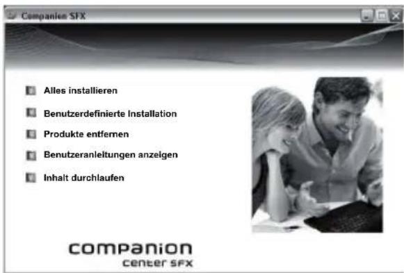 Alles installieren Benutzerdefinierte Installation Produkte entfernen Benutzeranleitungen anzeigen Inhalt durchlaufen companion center sfx