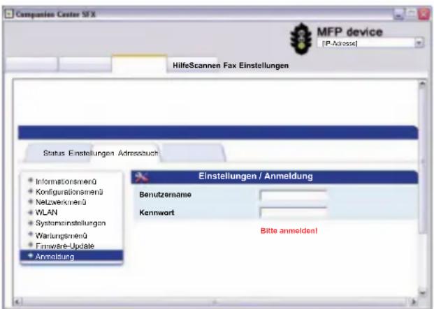 MFP device [P-Adresse] HilfeScannen Fax Einstellungen Status Einstellungen Adressbuch Einstellungen / Anmeldung Benutzername Kennwort Bitte anmelden! • Informationsnerü • Konfigurationsnerü • Netzwerknerü • WLAN • Systeminstellungen • Wartungsernd • Firmware-Update • Anmeldung