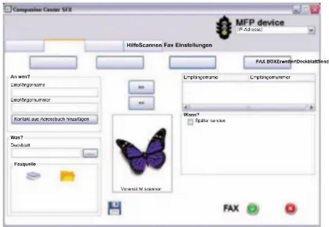 Company Center SFX MFP device (IP-Adress) HilfeScannen Fax Einstellungen FAX BOXErweiterDeckblattSend An wen? Empidergarnome Empidergernummer Kontakt aus Adressbuch hinzufügen Was? Deckblatt Faxquelle Lmpfängername Lmpfängernummer Wasn? Später service Veransicht sozener FAX