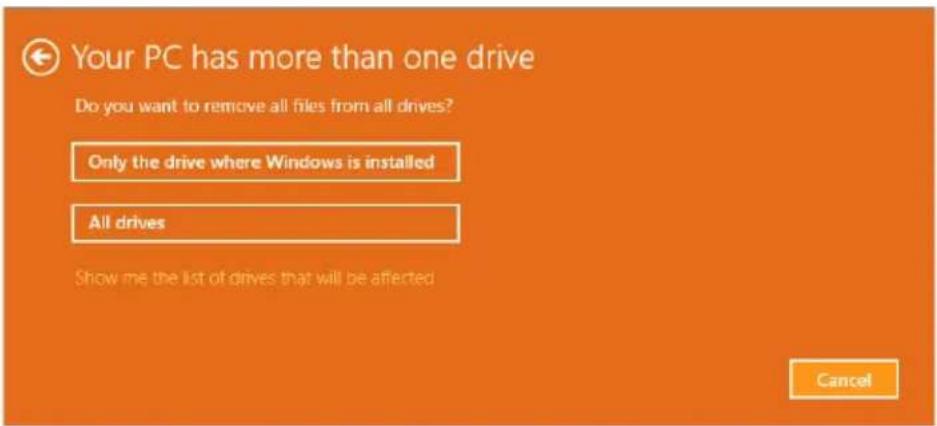 Your PC has more than one drive Do you want to remove all files from all drives? Only the drive where Windows is installed All drives Show me the list of drives that will be affected Cancel