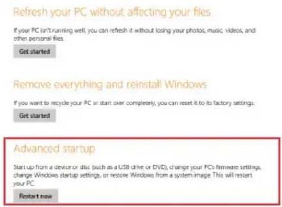 Refresh your PC without affecting your files If your PC isn't running well, you can refresh it without losing your photos, music videos, and other personal files. Get started Remove everything and reinstall Windows If you want to recycle your PC or start over completely, you can reset it to its factory settings. Get started Advanced startup Start up from a device or disc (such as a USB drive or DVD), change your PC's firmware settings, change Windows startup settings, or restore Windows from a system image. This will restart your PC. Restart now