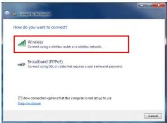 How do you want to connect? Wireless Connect using a wireless router or a wireless network. Broadband (PPPoE) Connect using DSL or cable that requires a user name and password. Show connection options that this computer is not set up to use help me choose Cancel
