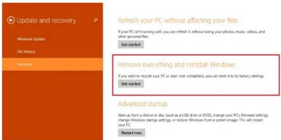 Update and recovery Windows Update File History Recovery Refresh your PC without affecting your files If your PC isn't running well, you can refresh it without losing your photos, music, videos, and other personal files. Get started Remove everything and reinstall Windows If you want to recycle your PC or start over completely, you can reset it to its factory settings. Get started Advanced startup Start up from a device or disc (such as a USB drive or DVD), change your PCs firmware settings, change Windows startup settings, or restore Windows from a system image. This will restart your PC. Restart now
